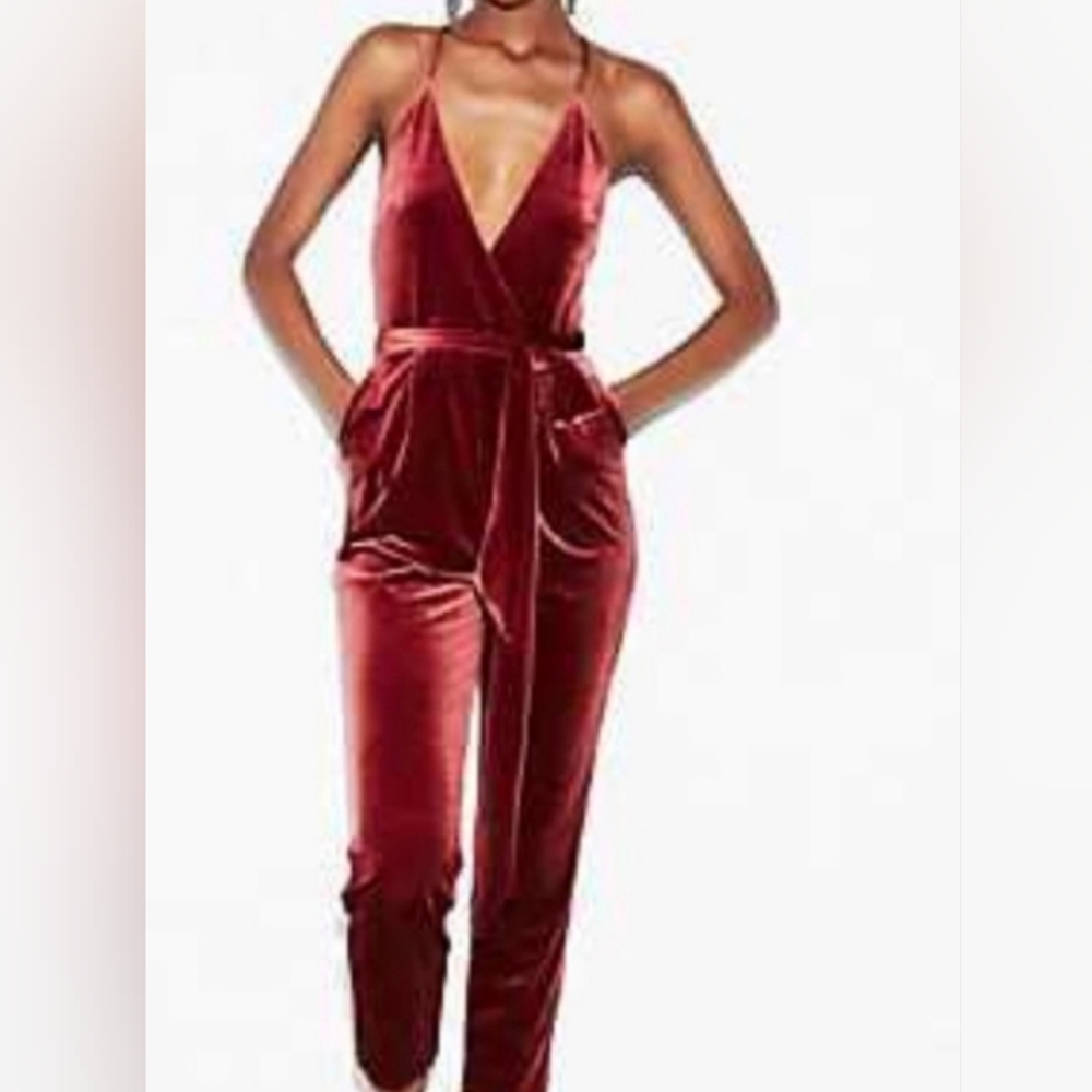 Express Red Velvet VNeck Waist Tie Jumpsuit Size O